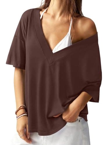REORIA Women's Trendy Oversized V-Neck T Shirt Short Sleeve Off The Shoulder Contrast Stitching Loose Fit Tops for 2026 Spring Summer Brown XX-Large - Image 1