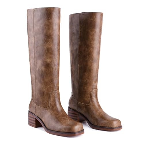 Migpuel Knee High Boots for Women Square Toe Riding Boots Chunky Block Heel Wide Calf Tall Boots Comfortable Low Heel Campus Casual 8.5,chocolate - Image 1
