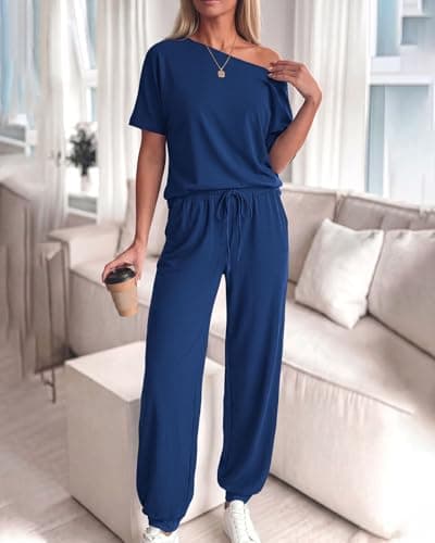 Zenlonr Women Summer 2 Piece Outfits 2026 Off Shoulder Short Sleeve Tops Elastic Waist Drawstring Long Pants Tracksuit(Dark Blue,Small) - Thumbnail 5