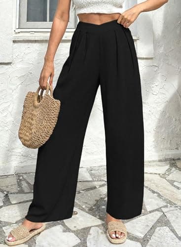 Acelitt Womens Spring 2026 Casual Fashion High Waist Wide Leg Pants Loose Work Palazzo Office Business Suit Pants Trousers Black Medium - Thumbnail 3