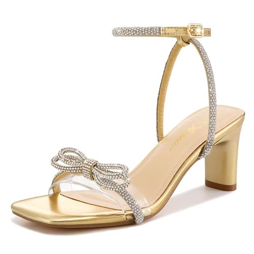 Athlefit Gold Rhinestone Bow Heels for Women Open Square Toe Low Heel Sandals Buckle Heeled Sparkly Heels for Prom Size 6 - Image 1