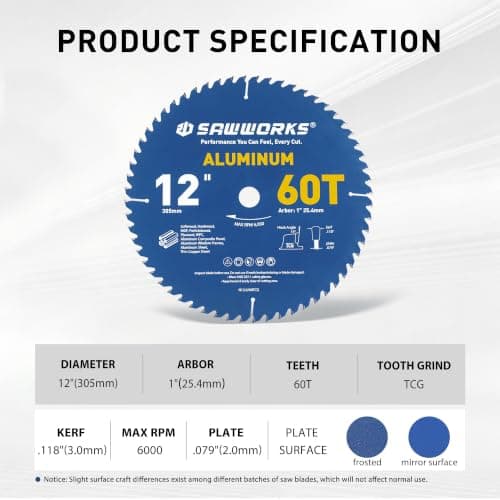 SawWorks 12 Inch 60T Circular Saw Blade TCG Carbide Tipped, Multi-Purpose Cutting Saw Blade for Non-Ferrous Metal Aluminum & Plastic with 1" Arbor for Table Saws & Miter Saws - Thumbnail 6