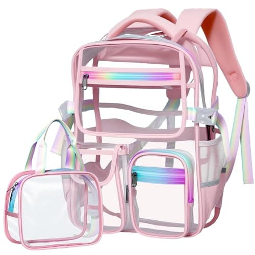 Clear Backpack for Girls with Lunch Bag, Heavy Duty Transparent Backpack Stadium Approved, TPU Waterproof Pink Bookpack with Reflective Strips, Large Clear Backbag for School Travel Work Concert - Image 1