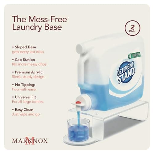 Laundry Detergent Holder Riser Organizer - 2 Pack Clear Acrylic Dispenser Stand with Gravity Flow Base and Cap Station, Universal Fit for Bottles, Laundry Room Organization - Thumbnail 2