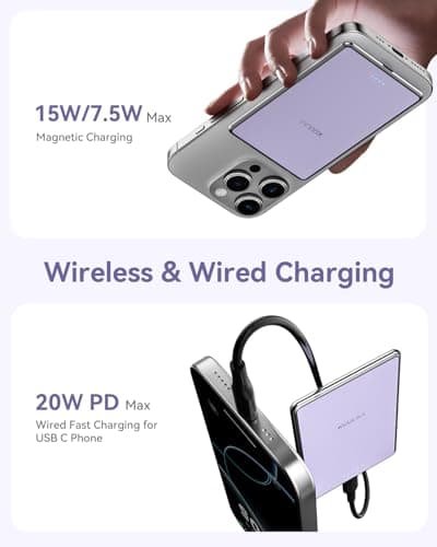 Kuulaa for MagSafe Battery Pack 5000mAh Slim Magsafe Portable Charger 0.28in Magnetic Wireless Apple Portable Charger 20W USB-C Power Delivery Power Bank for iPhone 16/15/14/13/12 Series (Purple) - Thumbnail 5