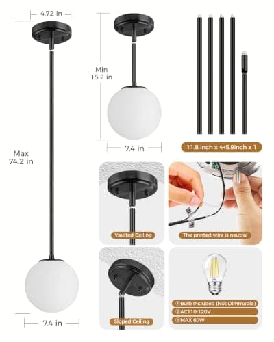 Majade Globe Pendant Lights Kitchen Island Mid Century Modern Pendant Light Fixtures 2 Pack 7.4 Inch Black Ceiling Lighting with Milk White Glass Shade Adjustable Hanging Light for Dining Room - Thumbnail 3