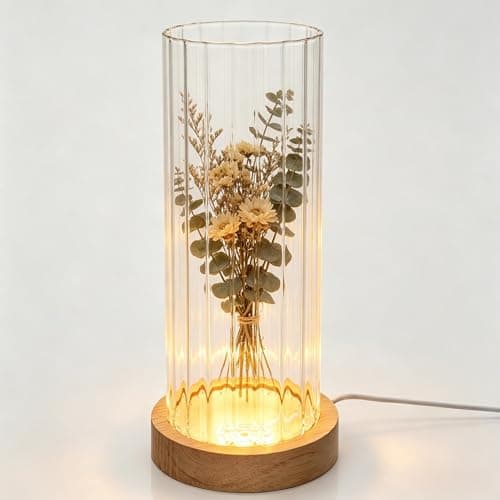 Wisifayardin Ribbed Glass Cylinder Vase with LED Light Base - 7.9 Inch Clear Fluted Bud Vase for Flowers Pampas Grass, Light Up Terrarium Fish Bowl Centerpiece, Home Decor Gift