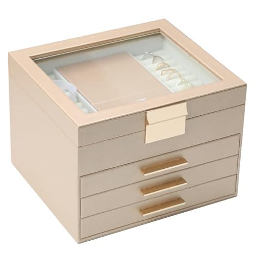 BOOVO Clear Lid Jewelry Box,4 Layers Jewelry Organizer Large Jewelry Storage Box with 3 Drawers,Jewelry Holder Organzier of Rings Earrings Necklace Bracelets for Women (Champagne, 4 Layer) - Image 1