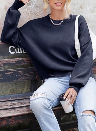 Dokotoo Sweaters for Women Trendy Crew Neck Solid Patchwork Casual Loose Teacher Fall Outfits Knitted Tops Cute Pull Over Long Sleeve Crop Pullover Sweater Navy Blue Medium - Thumbnail 5