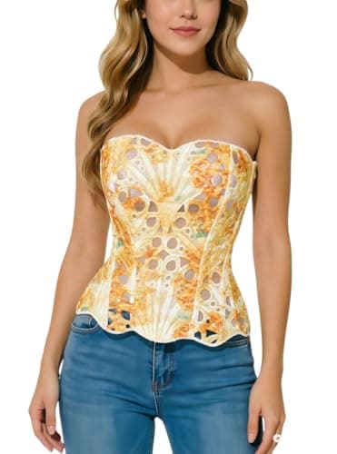 Bistonny Corset Tops for Women Lace Up Overbust Bustier Sexy Floral Lace Waist Cincher Going Out Club Party Y2K Tops Burgundy Yellow Medium - Image 1