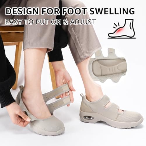 STQ Womens Diabetic Shoes Non Slip Orthopedic Walking Shoes Breathable Adjustable Mary Jane Shoe Taupe, Size 9 - Thumbnail 2