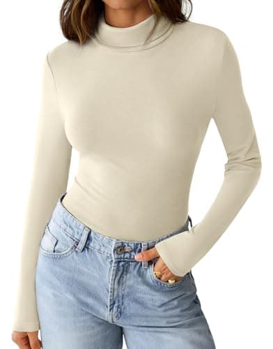GKBK Womens Long Sleeve Shirts Mock Turtleneck Turtle Neck Fall Fashion Basic Thermal Underwear Layer Tops Tight Slim Fit Cute Ribbed T-Shirts Winter Pullover Clothes 2025 Beige L - Thumbnail 5