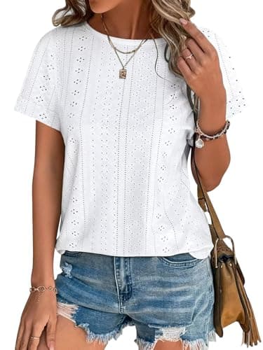 Bliwov Womens Tops Summer Spring Short Sleeve T Shirts 2026 Trendy Cute Outfits Boho Blouses Beach Vacation Fashion Clothes, White, S - Image 1