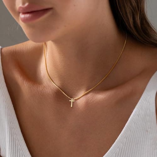 Gold Cross Necklace for Women, Trendy 14K Gold Plated Charm Box Chain Choker Dainty, Christian Religious Faith Small Cross Pendant Necklace Non Tarnish - Thumbnail 4