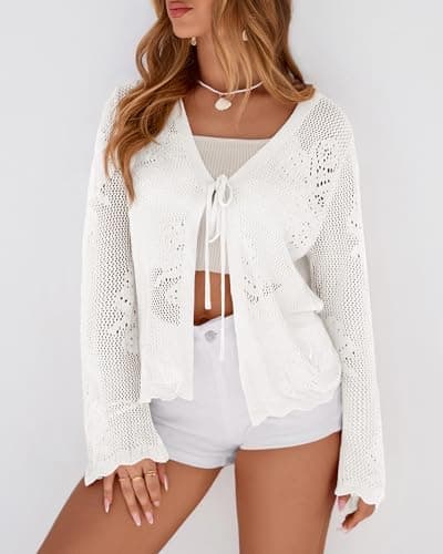BTFBM Summer Cardigans for Women Lightweight 2026 Spring Crochet Hollow Out Long Sleeve Tie Front Beach Vacation Coverups(White, Small) - Thumbnail 4