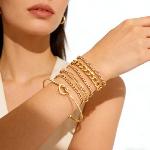 Alegend Bracelets Sets 14K Gold Plated Chic Stackable Twisted Rope Chains Link Paperclip Unique Six-Layered Design - Thumbnail 4