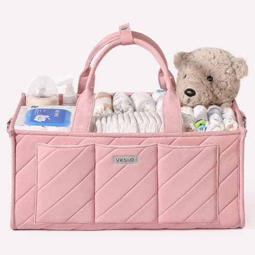 VKSAO Pink Diaper Caddy Organizer – Portable Storage Basket with Shoulder Strap & Stroller Hooks, Splashproof Quilted Nursery & Car Tote for Baby Girl Shower Gift, Baby Registry, Blush Pink - Image 1