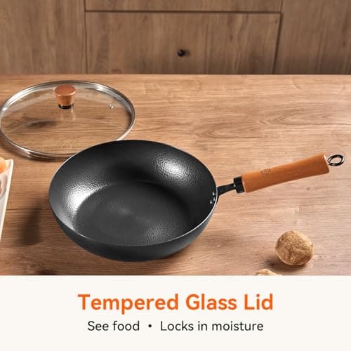 WANGYUANJI 11" Iron Skillet with Glass Lid & Griddle Spatula, Flat-Bottom Frying Pan, Uncoated & Unseasoned, Induction/Gas/Electric Compatible, Wooden Handle (Seasoning Required) - Thumbnail 6
