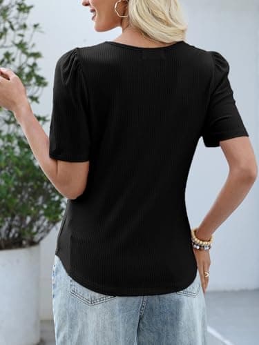 IYICLOTH Women's Puff Short Sleeve Tops Casual Spring Summer Textured Tees Crewneck T-Shirts Ribbed Knit Solid Blouses Trendy,L Black - Thumbnail 2