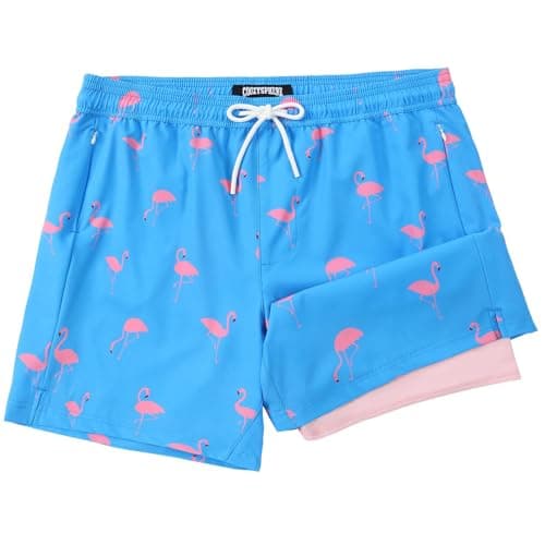 CoozySphere Mens Swim Trunks with Compression Liner 5 Inch Stretch 5" Bathing Suit Beach Shorts XS Blue Flamingos - Image 1