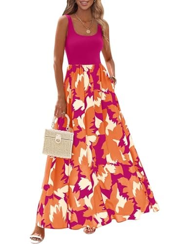 KIRUNDO Women Summer Sleeveless Boho Floral Maxi Dress 2026 Scoop Neck Tank A Line Flowy Beach Vacation Resort Wear Sundress(Rose Red Orange Floral, Small) - Image 1