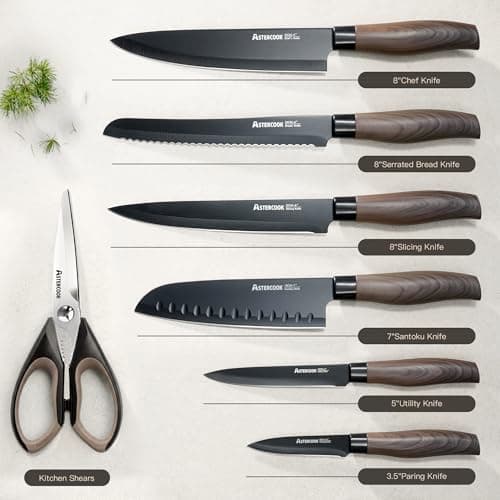 Astercook 13-Piece Kitchen Knife Set with Black Anti-Rust Coating, Dishwasher Safe, Stainless Steel Chef Knives Set with 6 Blade Guards, Wood Grain Handle, Perfect Holiday & Housewarming Gifts - Thumbnail 3