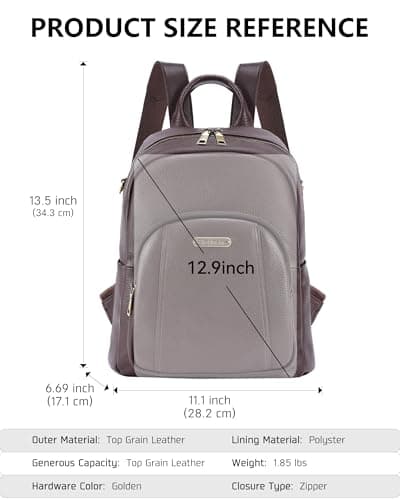 Women's Genuine Leather Travel Backpack, 12.9 Inch Laptop Backpack with Anti-Theft Pocket, Durable Computer Bag for Work & Commuting, Coffee Brown - Thumbnail 3