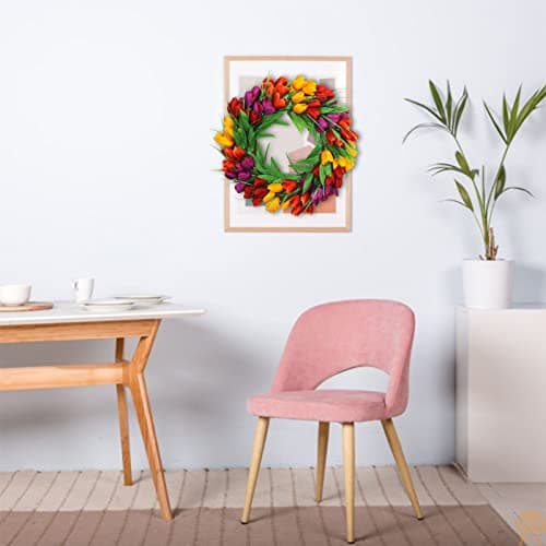 U'Artlines 20 Inch Tulip Wreath for Front Door, Spring Summer Silk Wreath with Green Leaves Artificial Tulip Flower Wreaths for All Seasons Window Wall Wedding Valentines Day Decor - Thumbnail 3