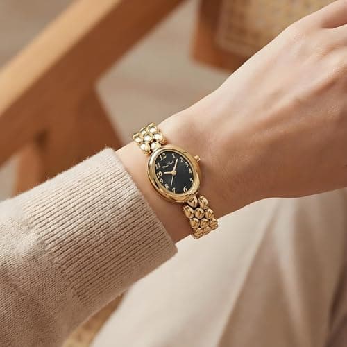 Diaofendi Women’s Gold Quartz Watch Updated Small Luxury Wristwatch with Stainless Steel Band, Stylish Casual Bracelet, and Included Tools (Gold-Black Surface) - Thumbnail 3