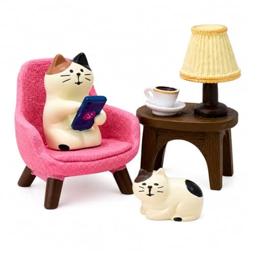 Edyocey Miniature Cat Figurines Set, 4-Piece Resin Cat with Sofa & Lamp, Cute Desk Decor for Office & Home, Gift for Cat Lovers (Cat) - Image 1