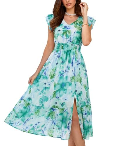 GRACE KARIN 2026 Womens Summer Dresses V Neck Ruffle Sleeve Floral Boho Beach A-Line Dress Green-Floral Print Medium - Image 1