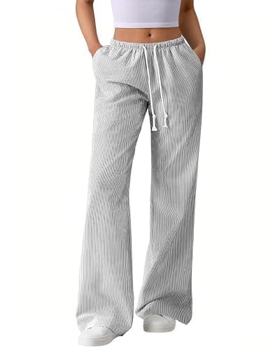 BTFBM Striped Wide Leg Pants for Women Spring Summer 2026 Drawstring Lounge PJ Beach Bottoms Casual Trousers Pockets(Black, X-Large) - Image 1