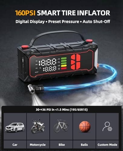 5000A Car Battery Jump Starter with Air Compressor 160PSI, Jumper Starter Portable for 7.0L Gas/6.0L Diesel, Jump Box for Car Battery with Tire Inflator & Power Bank& Jumper Cables, Emergency Kit - Thumbnail 4