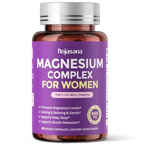 HojaSana 7-in-1 Magnesium Complex for Women — 600mg Magnesium Glycinate with L-Theanine & Vitamin B6 for Sleep, Stress Relief & Cortisol Balance Support, Vegan, Non-GMO, Gluten Free, 60 Capsules