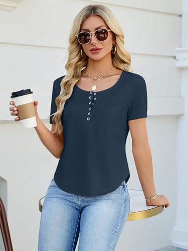 Bellcoco Women's Waffle Knit Tops Short Sleeve Button Henley Shirts Business Casual Blouses Lightweight Summer Top 2026 Navy L - Thumbnail 6