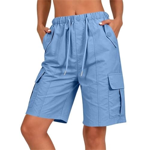 Drindf Bermuda Shorts for Women Knee Length, Cargo Shorts Women Baggy with Button Detail and Pockets, Hiking Short Pants for Summer Fall,Outdoor,Camping,Streetwear,Light Blue S