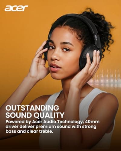 acer Wireless Bluetooth Headphones, 70 Hours Playtime, Foldable Over-Ear Headphones with 40mm Drivers, Memory Foam Earpads, Multipoint Bluetooth 6.0 for Travel, Home, Office, Black - Thumbnail 2