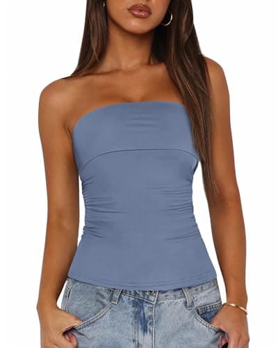 BTFBM Womens Strapless Tube Tops Spring Summer Clothes 2026 Trendy Casual Ruched Stretchy Going Out Bodycon Bandeau Top(Grey Blue, Large) - Image 1