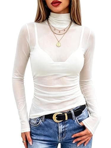 Meetrendi Women's Ruched Mesh Top Sexy Sheer Long Sleeve Mock Neck See Through Shirts Concert Outfit White XS - Image 1