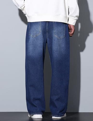 QGRSWBC Baggy Jeans Men Wide Leg Hip Hop Jean Casual Y2K Denim Pants Loose Fit Skater Long Trousers Dark Blue - Thumbnail 3
