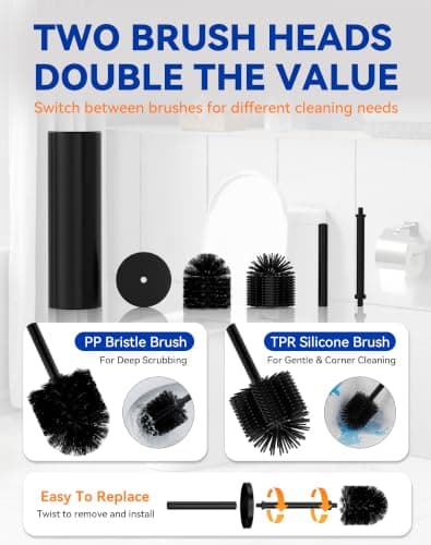 Dowry Toilet Bowl Brush and Holder for Bathroom, Deep Cleaning Toilet Brush and Holder Set with Long Handle, Hidden Toilet Bowl Scrubber with Replaceable Head,Modern Decor Black Round - Thumbnail 5