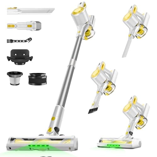 Honki Cordless Vacuum Cleaner for Home, Powerful Stick Vacuum with Rechargeable Battery, Green Light Anti-Tangle Brush, 6-in-1 Lightweight Handheld Vacuum for Pet Hair, Hard Floor, Carpet, Yellow - Image 1