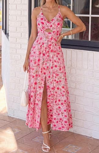 BTFBM Summer Dresses for Women 2026 Spring Floral Spaghetti Strap Smocked Cutout Maxi Dress Resort Beach Vacation Outfit(Floral Red, Medium) - Thumbnail 2