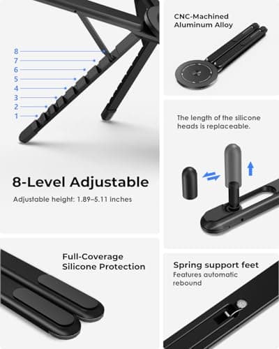 Viozon Portable Laptop Stand for Desk, Foldable Adjustable Computer Riser with Magnetic Phone Holder, Aluminum Laptop Stand for 10–16” Laptops & 4–13” Phones/Tablets (Black) - Thumbnail 5