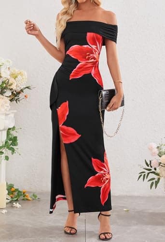 MEROKEETY Women's Floral Off Shoulder Maxi Dresses 2026 Summer High Split Cocktail Wedding Guest Dress, Black, X-Large - Thumbnail 5