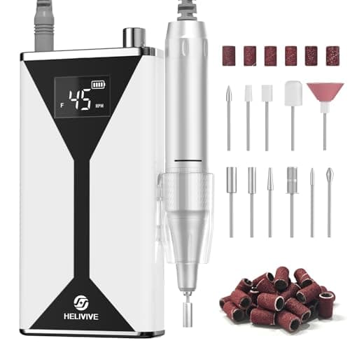 HELIVIVE Professional Electric Nail Drill 45000RPM (Portable & Rechargeable) (with 11 Drill Bits ) Cordless Nail File Machine for Shaping, Polishing & Removing Gel Nails for Salon Home (White) - Image 1
