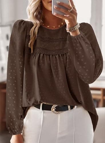 Falechay Plus Size Tops for Women Keyhole Button Fall with Elastic Loop Dressy Casual Crewneck Teacher Flowy Blouses Spring Boho Shirts Brown 5XL - Thumbnail 4
