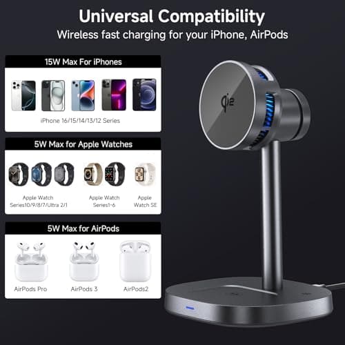 3-in-1 Magnetic Wireless Charging Stand, rotatable Wireless Charger with Heat Dissipation Function, Qi2 Certified 15W Charger, Compatible with iPhone 17-12 Series, Apple Watch and AirPods. - Thumbnail 6