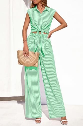 PRETTYGARDEN 2 Piece Sets For Women Summer Striped Button Down Tie Front Crop Tops Wide Leg Pants Floral Lounge Set 2026(Striped Green,Medium) - Thumbnail 2