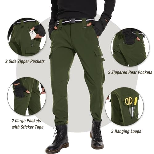 Mens Winter Cargo Sweatpants - Waterproof Breathable Snowboard Pants for Men Army Green - Thumbnail 4